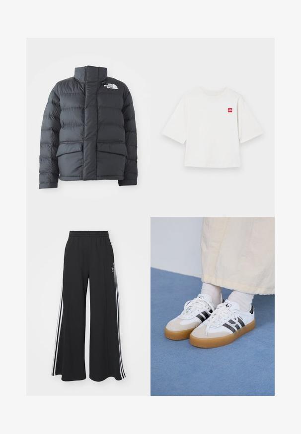 Svart puffjacka med hög krage, quiltad design, dragkedja fram och två frontfickor. Har en vit logotyp på vänster bröst.; Vit t-shirt med kort ärm i bomull. Har en liten röd fyrkantig logotyp på vänster bröstområde. Rakt snitt. Mjuk känsla.; Svarta vida sweatpants med elastisk midje, med vita sidosträck och en broderad logotyp på vänster lår.; Vita sneakers med svarta ränder och beige mockadetaljer. Har en texturerad gummisul och platta vita skosnören, bärs med ljusa strumpor.