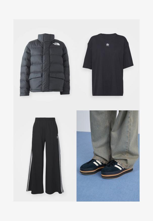 Black puffer jacket with a high collar, quilted design, zip front, and two front pockets. Features a white logo on the left chest.; Black cotton t-shirt with short sleeves, round neckline, features a white Adidas logo on the chest. Simple design, relaxed fit.; Black wide-leg sweatpants with an elastic waistband, featuring white side stripes and an embroidered logo on the left thigh.; Dark blue suede platform sneakers with white stripes and black laces. Features a thick brown rubber sole. Worn with light blue denim pants.
