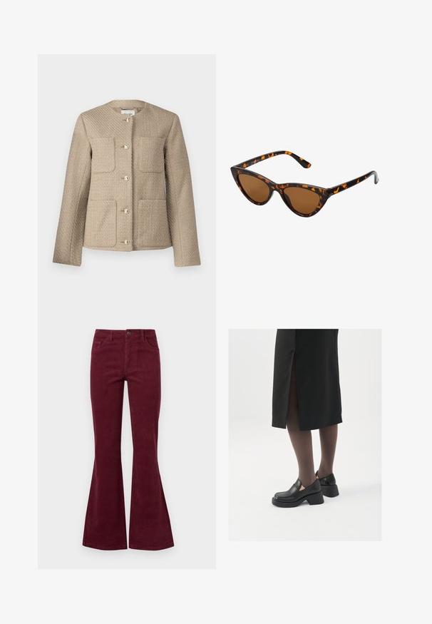 Bēšā auduma jakas ar apaļu apkakli, divām krūšu kabatām un zelta toņa pogām, piedāvā strukturētu, pielāgotu piegriezumu.; Garā piedurkņu turtlenecks krekls, kas izgatavots no tumši brūnas auduma. Iezīmēts ar pieguļošu dizainu un gludu tekstūru, bez redzamām rakstu vai detaļām.; Burgundijas krāsas korduroja platu kāju džinsi ar pieciem kabatām, priekšējo pogu aizdari un teksturētu audumu. Platus kāju gali izplešas no ceļgala līdz hemam.; Melni ādas apavi ar noapaļotu purngalu, biezām bloku papēžiem un elastīgiem sānu akcentiem, apvienoti ar tumšām zeķubiksēm un melnu svārku ar šķirbu.; Kaķa acs saulesbrilles ar melnu un oranžu bruņurupuču rakstu rāmi, brūnām lēcām un elegantiem, norādītiem galiem. Rāmī ir minimālists logos uz tempļa.