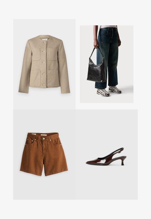 Béžová texturovaná bunda s kulatým výstřihem, dvěma kapsami na prsou a zlatými knoflíky, s pevným, přizpůsobeným střihem.; Černý bezsleeve crop top vyrobený z hladké tkaniny, s kulatým výstřihem a čistým, jednoduchým designem bez vzorů nebo kovových doplňků.; Hnědé denimové šortky s pěti kapsami, zapínáním na přední knoflík a měděnými nýty. Mají rovný střih a měkkou texturu.; Hnědé lakované kožené slingback boty s špičatou špičkou a mírným podpatkem. Disponují přezkou pro bezpečné upevnění. Hladký povrch.; Černá kožená kabelka přes rameno se hladkým povrchem a nastavitelným popruhem, spárovaná s vybledlými džínami širokého střihu a sportovními teniskami.