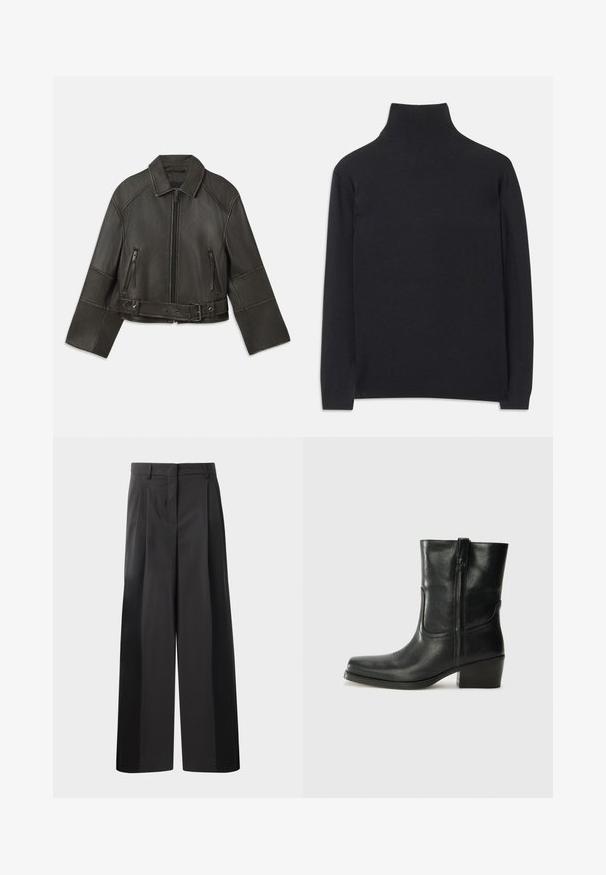 Veste en cuir noir raccourcie avec col, fermeture à glissière, deux poches zippées et une ceinture à la taille avec des pressions réglables et des détails de couture.; Pull à col roulé noir en tissu doux. Il dispose de manches longues, d'un col montant et de bords côtelés pour un look cintré.; Pantalon large noir avec une taille haute, doté de plis avant, d'une texture lisse et d'une finition ajustée. Conçu pour un ajustement décontracté.; Bottine en cuir noir avec un bout rond, un talon carré, une fermeture éclair sur le côté et des coutures décoratives sur l'empeigne. Texture lisse, design classique.