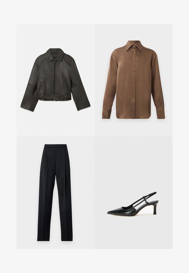 Giacca di pelle nera cropped con colletto, chiusura con zip, due tasche con zip e una cintura in vita con bottoni a pressione regolabili e dettagli di cucitura.; Camicia marrone a maniche lunghe con bottone, colletto e polsini a punta, esposta su uno sfondo bianco uniforme.; Pantaloni neri realizzati in tessuto morbido, caratterizzati da vita alta, gambe larghe, pince frontali e classiche passanti per cintura. Non ci sono tasche laterali visibili.; Slingback con tacco in vernice nera con punta affusolata, caratterizzato da una stampa a serpente testurizzata, cinturino regolabile e un tacco corto e testurizzato.
