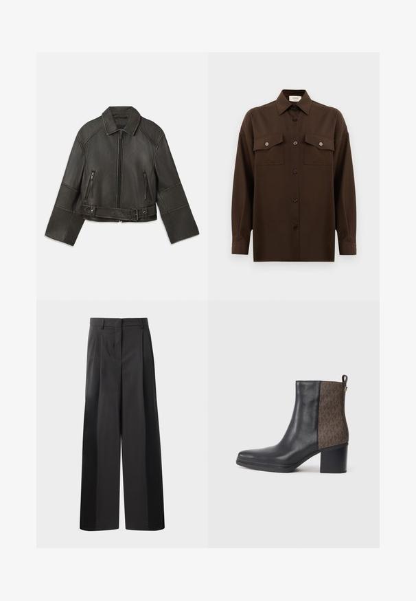 Black cropped leather jacket with a collar, zipper closure, two zippered pockets, and a belt at the waist featuring adjustable snaps and stitching details.; Dark brown long-sleeve button-up shirt with two flap chest pockets and a classic collar, displayed against a plain white background.; Black wide-leg trousers with a high waist, featuring front pleats, a smooth texture, and a tailored finish. Designed for a relaxed fit.; Black leather ankle boot with a textured brown pattern on the side, a block heel, and a loop tab for easy wear.