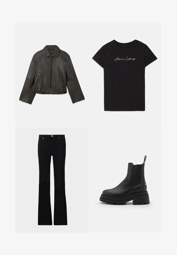 Chaqueta de cuero negra corta con collar, cierre de cremallera, dos bolsillos con cremallera y un cinturón en la cintura con broches ajustables y detalles de costura.; Camiseta de algodón negra con mangas cortas y cuello redondo, adornada con un logo en cursiva "Armani Exchange" en blanco.; Pantalones vaqueros de talle ancho en negro, confeccionados en denim, con dos bolsillos frontales, cierre de botón y una textura suave. Costuras distintivas visibles en las costuras.; Botas Chelsea negras de cuero liso con paneles laterales elásticos, suela de goma gruesa y estriada, y una lengüeta en la parte trasera.
