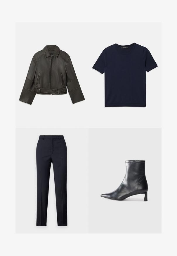 Čierna skrátená kožená bunda s golierom, zipsom, dvoma zipsovými vreckami a pásom na páse s nastaviteľnými cvočkami a šitými detailmi.; Námornícka modrá polokošeľa krátky rukáv vyrobená z mäkkej látky, s okrúhlym výstrihom a rebrovanými okrajmi, hladkou textúrou a bez viditeľných vzorov.; Námornícke nohavice s rovnými nohavicami, so hladkou textúrou, dvoma prednými vreckami a čistým pásom.; Čierne kožené členkové topánky s špicatou špičkou a elegantným dizajnom. Majú nízky podpätok a zips na zadnej strane. Hladká textúra.
