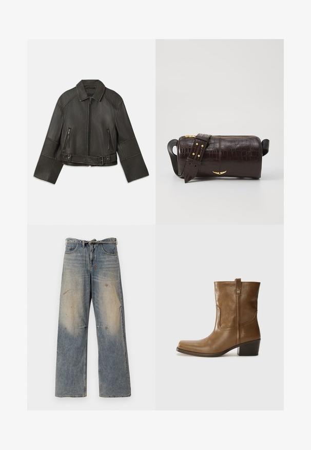 Čierna skrátená kožená bunda s golierom, zipsom, dvoma zipsovými vreckami a pásom na páse s nastaviteľnými cvočkami a šitými detailmi.; Čierny tielko s tenkými ramienkami, vyrobené z rebrovanej tkaniny, s rovnými okrajmi a označením na výstrihu s nápisom "IVY OAK."; Svetlo modré džínsy s voľným strihom a rovnými nohavicami. Obsahujú efekt opotrebovania, vyblednutie a poškodené detaily pri kolenách. Klasický strih s piatimi vreckami.; Hnedé kožené členkové topánky so štvorcovou špičkou, textúrovaným povrchom a nízkym vrstveným podpätkom. Obsahujú zadný úchyt a diskrétne prešívanie.; Hnedá taška z kože s embosovaným vzorom krokodíla, cylindrického tvaru, so zlatými hardvérovými doplnkami a odnímateľným popruhom so štítkami.