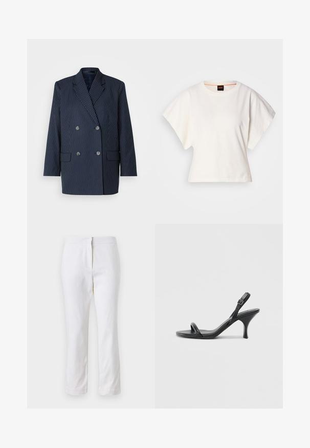 Jūras zils divrindas žakets ar baltām svītrām, ar iecirtām atlokus, divām priekšējām kabatām un sešiem pogām. Izgatavots no gludas auduma.; Balts īsais T-krekls, plašas īsas piedurknes, mīksts kokvilnas materiāls, apaļa kakla izgriezums ar delikātu oranžu apdari, minimāls dizains, bez rakstiem vai grafikām.; Baltas kokvilnas bikses ar taisnu kāju dizainu, ar vidēju augstumu un bez redzamām detaļām vai rakstiem. Visā virsmā ir gluda tekstūra.; Melnas ādas augstpapēžu sandales ar plānu, izliekta formas papēdi un krustenisku siksnu dizainu. Regulējama potītes siksna. Gluda tekstūra.