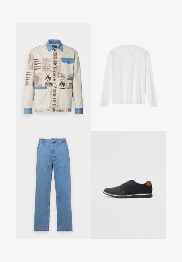 Béžová bunda s viacerými vzormi, modrým džínsovým golierom a vreckom, s rôznymi umeleckými potlačami a dvoma prednými vreckami.; Dlhý rukáv, biela bavlnená tričko s okrúhlym výstrihom a rebrovanými manžetami. Jednoduchý, bezvýzdobový dizajn s hladkou textúrou a štandardným strihom.; Svetlomodré deninové nohavice s rovnými nohavicami a klasickým dizajnom s piatimi vreckami, s predným zapínaním na gombík a pútkami na opasok. Hladká textúra.; Čierne syntetické topánky so štruktúrovaným zvrškom, hladkými akcentmi, hnedým opätkom a kontrastnou podrážkou. Majú minimálne šnurovanie a detaily prešitia.