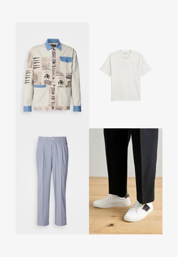 Beige Jacke mit mehreren Mustern, einem blauen Denim-Kragen und -Tasche, ausgestattet mit verschiedenen künstlerischen Drucken und zwei Fronttaschen.; Weißes Baumwoll-T-Shirt mit Rundhalsausschnitt, kurzen Ärmeln und lässiger Passform. Etikett innen am Kragen gedruckt; keine sichtbaren Muster oder Akzente.; Gestreifte Hose in Hellblau und Weiß, mit Knopfverschluss, plissierter Vorderseite und geradem Bein-Design. Glatte Stofftextur.; Weiße Sneakers mit glatter Textur, versehen mit braunen Lederakzenten und schwarzen Details, kombiniert mit schwarzen maßgeschneiderten Hosen. Hintergrund aus Holzboden.