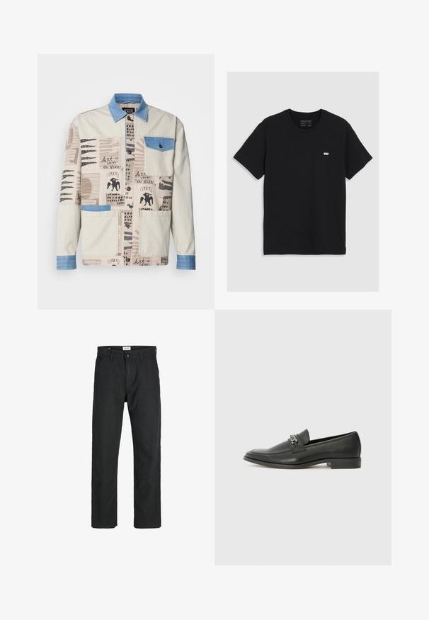 Beige jasje met meerdere patronen, een blauwe denim kraag en zak, versierd met verschillende artistieke prints en twee voorkruiszakken.; Zwarte katoenen T-shirt met korte mouwen, ronde halslijn, voorzien van een klein wit Levi's-logo op de borst, comfortabele textuur, klassieke pasvorm.; Zwarte broeken gemaakt van duurzame stof, met een recht gesneden ontwerp, gestikte accenten en twee voorzakken voor functionaliteit.; Zwarte leren instapper met een gladde afwerking, voorzien van een gestikt ontwerp en een decoratieve metalen kettingaccent over de wreef. Platte hak.