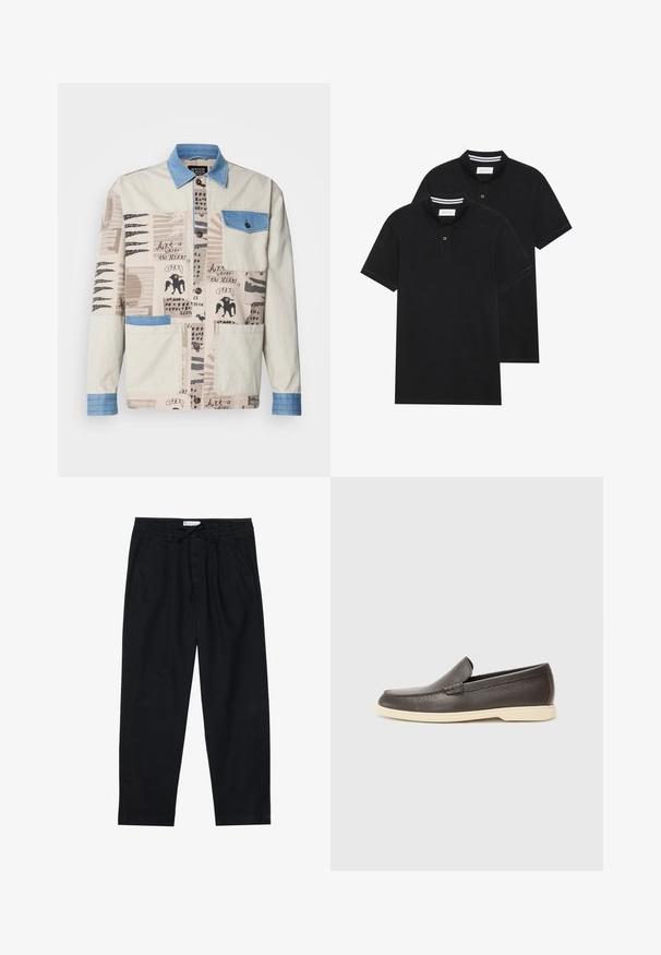 Multi-patterned beige jacket with a blue denim collar and pocket, featuring various artistic prints and two front pockets.; Two black polo shirts, short-sleeved, cotton material, featuring a classic collar, two-button placket, and white striped accents inside the collar.; Pier One Chinos - black; Brown leather slip-on shoes with a textured surface and a contrasting light beige sole, featuring a rounded toe and minimal stitching details.