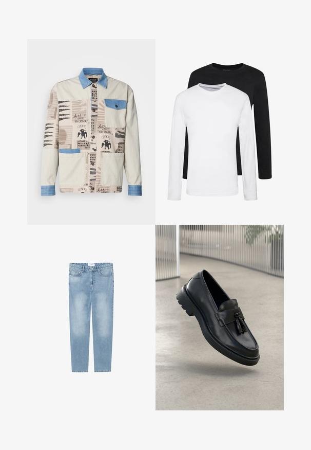 Multi-mønstret beige jakke med krave og lomme i blå denim, prydet med forskellige kunstnerisketryk og to forlommer.; To lange ærmede skjorter, en sort og en hvid, lavet af bomuld med rund hals og en glat tekstur, vist i en stakket opstilling.; Lysblå jeans med lige ben lavet af denim. Har et fem-lomme design, slidte områder og et mærke ved taljen. Ingen pynt.; Sorte læderloafer med glat finish, dekorativ kvast, tyk gummisål og syede detaljer. Let og elegant design.