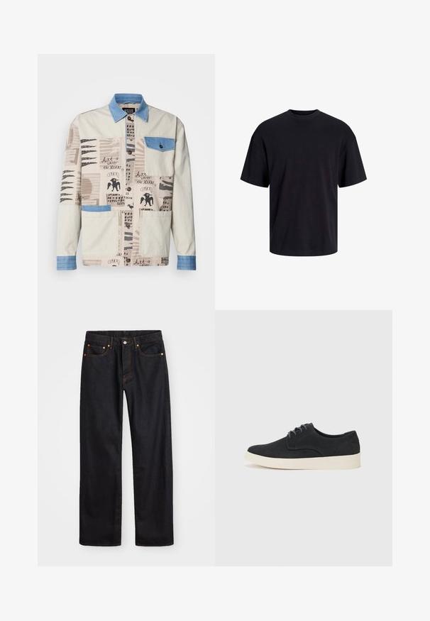 Večbarvna bež jakna z modrim džins ovratnikom in žepom, ki vključuje različne umetniške potiske in dva sprednja žepa.; Črna bombažna majica s krojačkom izrezom, kratkimi rokavi in sproščenim krojem. Gladka tekstura in brez vidnih vzorcev ali poudarkov.; Moške črne kavbojke ravnega kroja z petimi žepi in oranžnim šivanjem, z gumbom in zadrgo na sprednjem pasu.; Črne semiš čipkaste čevlje z zaobljenim prstom, lahkotno kremasto podplat in subtilni modri šivi na zgornjem delu.