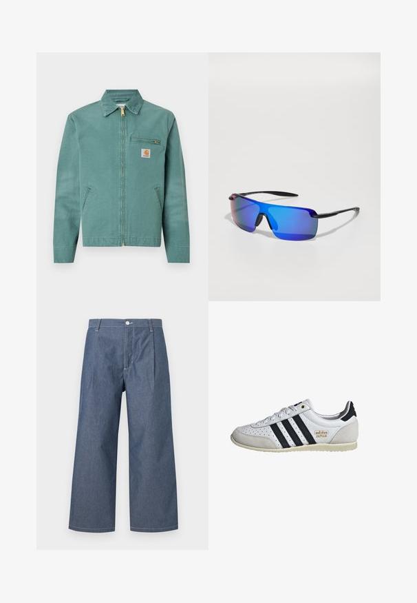 Grønn bomullsjakke med glidelås foran, to sidelommer og en brystlomme. Har et firkantet logomerke med gul aksent.; Hvit t-skjorte med korte ermer i bomull med rund hals. Enkelt design uten mønstre eller accenter. Glatt tekstur.; Lett denim bukser i en mørkeblå nyanse, med høy midje, vide ben, frontfolder og knappelukking.; Hvit sneaker med svarte striper og gullmerke. Har semsket og lærmaterialer, perforert overdel og teksturert gummisåle.; Sports solbriller med svart ramme, blå speil-linse, kantet form og gumminemmer for grep. Linsene har en gradientfarge.