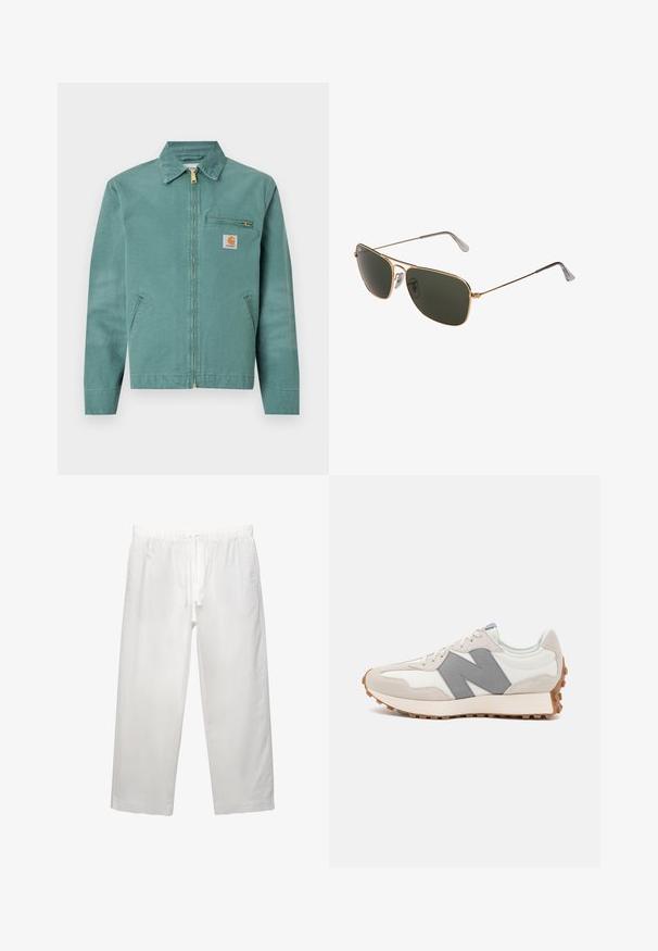 Grøn bomuldsjakke med lynlås foran, to sidelommer og en brystlomme. Har et firkantet logo-patch med en gul detalje.; Beige bomulds t-shirt med korte ærmer, en rund halsudskæring og et lille "SELECTED" logo på venstre bryst. Glat tekstur.; Hvide linnedbukser med elastisk talje med snøre, bred ben-design og rene sømme. Glat tekstur med afslappet pasform.; Retro løbesko i hvid og grå, med en overdel af suede og læder, et tekstureret gråt "N" logo og en gummisål med godt greb.; Guldmetal aviator solbriller med store mørkegrønne linser, der har en tynd ramme og gennemsigtige næsepuder for komfort.