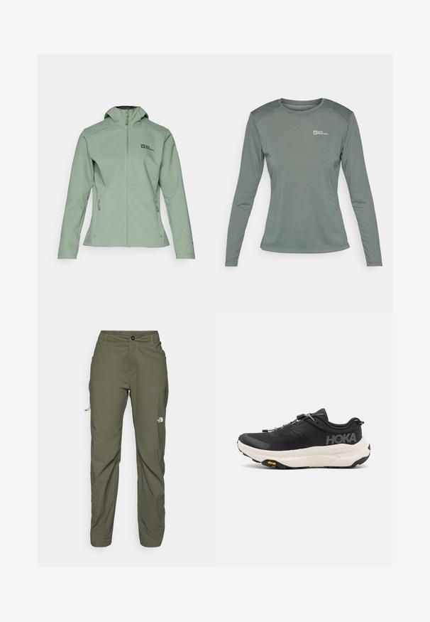 Miękka, zielona kurtka zip-up z kapturem, z dwoma bocznymi kieszeniami i małym logo na lewej piersi. Gładki materiał i dobrze dopasowany krój.; Koszulka z długim rękawem w stonowanym zielonym kolorze, wykonana z lekkiej, teksturowanej tkaniny. Posiada okrągły dekolt oraz małe logo na lewej piersi.; The North Face EXPLORATION khaki; Czarne buty sportowe z oddychającą siateczką, gumową podeszwą, białą wkładką amortyzującą i odblaskowymi sznurowadłami. Logo Vibram na podeszwie.