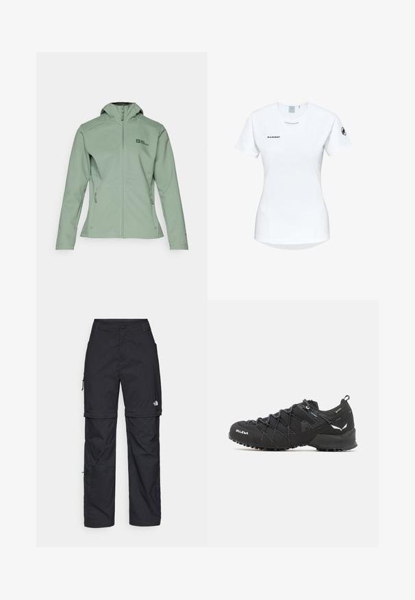 Weiche grüne Zip-Jacke mit Kapuze, zwei Seitentaschen und kleinem Logo auf der linken Brust. Glattes Material und strukturierte Passform.; Kurzärmliges weißes Sportshirt mit Rundhalsausschnitt, das ein Logo auf der Brust und eine glatte, leichte Stofftextur aufweist.; Schwarze Nylon-Zip-Off-Cargohosen mit verstellbaren Bündchen, mehreren Taschen und einem Logo am rechten Bein. Glatte, leichte Textur.; Schwarze Wanderschuhe mit einem strukturierten Obermaterial aus Stoff, Schnürsystem und robuster Gummisohle. Akzentuiert mit reflektierenden Details und Logos.