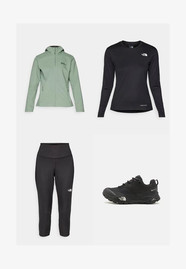 Měkká zelená mikina na zip s kapucí, vybavená dvěma bočními kapsami a malým logem na levé straně hrudi. Hladký materiál a strukturovaný střih.; The North Face SHADOW LONG SLEEVE - Top s dlouhým rukávem - black; Černé capri legíny vyrobené z elastického materiálu, s vysokým pasem a malým bílým logem na levé straně. Hladká textura.; Černá turistická bota s texturovaným svrškem, šněrováním a masivní gumovou podrážkou, která má výrazné logo po straně a vzory na podrážce.