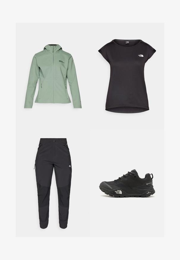 Měkká zelená mikina na zip s kapucí, vybavená dvěma bočními kapsami a malým logem na levé straně hrudi. Hladký materiál a strukturovaný střih.; The North Face TANKEN TANK - Sportovní tričko - black; Černé venkovní kalhoty vyrobené z odolné tkaniny. Mají zipové kapsy, zesílené kolenní panely a rovný střih pro větší pohyblivost.; Černá turistická bota s texturovaným svrškem, šněrováním a masivní gumovou podrážkou, která má výrazné logo po straně a vzory na podrážce.