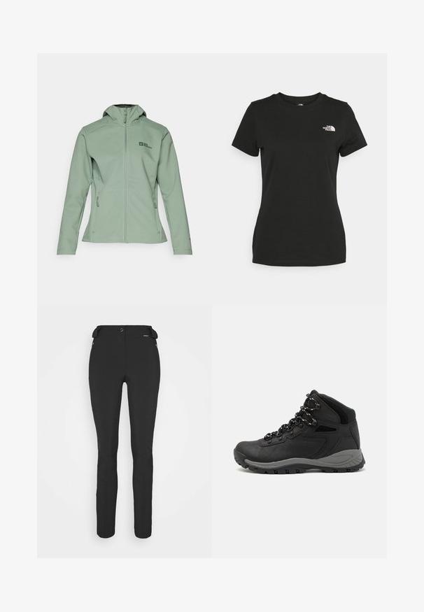 Zachte groene zip-up jas met een capuchon, voorzien van twee zijzakken en een klein logo op de linkerborst. Glad materiaal en gestructureerde pasvorm.; Zwarte katoenen t-shirt met een ronde hals en korte mouwen. Opvallend wit logo op de bovenlinker kant. Soepele textuur, casual pasvorm.; Zwarte, strakke broek gemaakt van een flexibel materiaal. Kenmerken zijn onder andere een ritszak aan de zijkant, gebogen knieën en een gladde textuur.; Zwarte wandelschoen met een mid-top ontwerp, voorzien van een gestructureerde bovenkant, grijze accenten en een duurzame rubberen zool met gripnoppen.