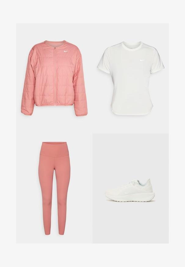 Giacca imbottita rosa con scollo rotondo e chiusura con zip, caratterizzata da pannelli orizzontali cuciti e un logo Nike bianco sul petto.; T-shirt Nike bianco, maniche corte, scollatura rotonda, realizzata in un tessuto morbido e leggero. Presenta un logo discreto sul petto.; Leggings alta vita in rosa realizzati in materiale elastico, con una texture liscia e un design aderente senza motivi visibili o hardware.; Scarpe da ginnastica bianche con tomaia texture, collo imbottito e chiusura con lacci. Presentano una suola curva e un logo discreto sul lato.