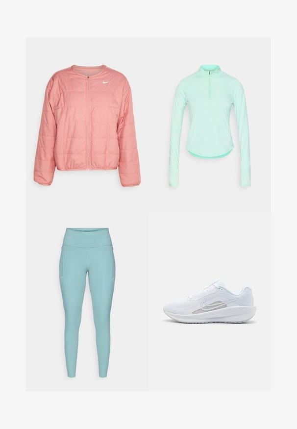Veste rose rembourrée avec un col rond et une fermeture éclair, dotée de panneaux horizontaux cousus et d'un logo Nike blanc sur la poitrine.; T-shirt de sport à manches longues vert menthe avec un col zippé, doté d'un design ajusté et d'un tissu lisse et léger.; Leggings bleu clair en matière extensible, dotés d'une taille haute, d'un design sans couture et de légères accents blancs sur les côtés.; Baskets blanches avec une tige en mesh, bout rond et semelle texturée. Présentent un swoosh Nike argenté et un design minimaliste.