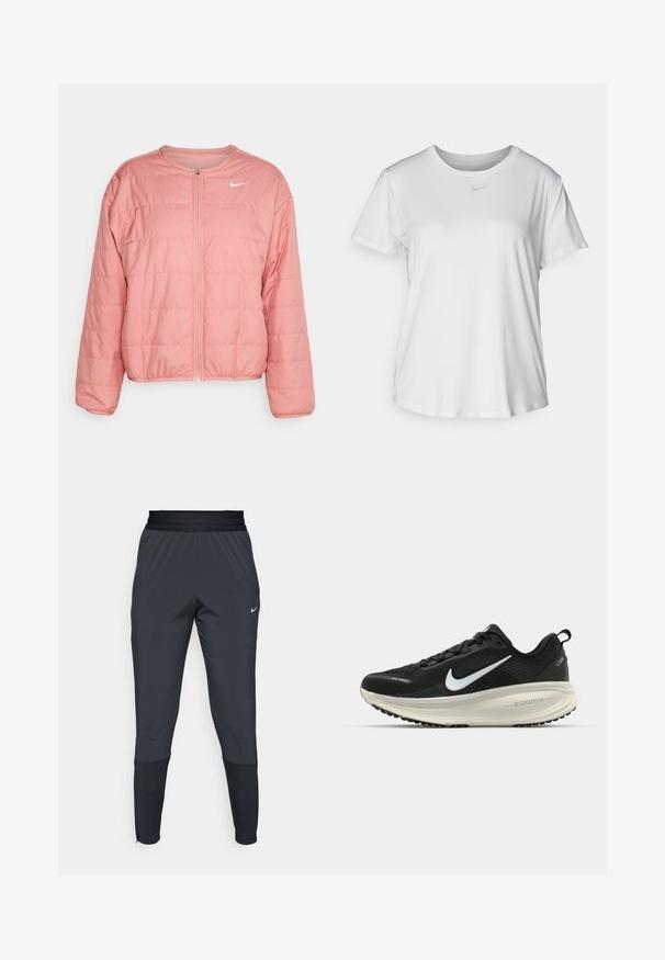 Jachetă roz cu umplutură, cu un guler rotund și închidere cu fermoar, având panouri horizontale cusute și un logo alb Nike pe piept.; Tricou alb cu mânecă scurtă, confecționat dintr-un material neted, având guler rotund și un mic logo Nike gri pe piept.; Pantaloni sport Nike de culoare gri închis, cu un design cu picior tapered, talie elastică și detalii accentuate lângă manșete.; Pantofii de alergare negri de la Nike, cu parte superioară din plasă respirabilă, logo-ul alb Swoosh, detalii texturate și o talpă intermediară ZoomX de culoare crem.