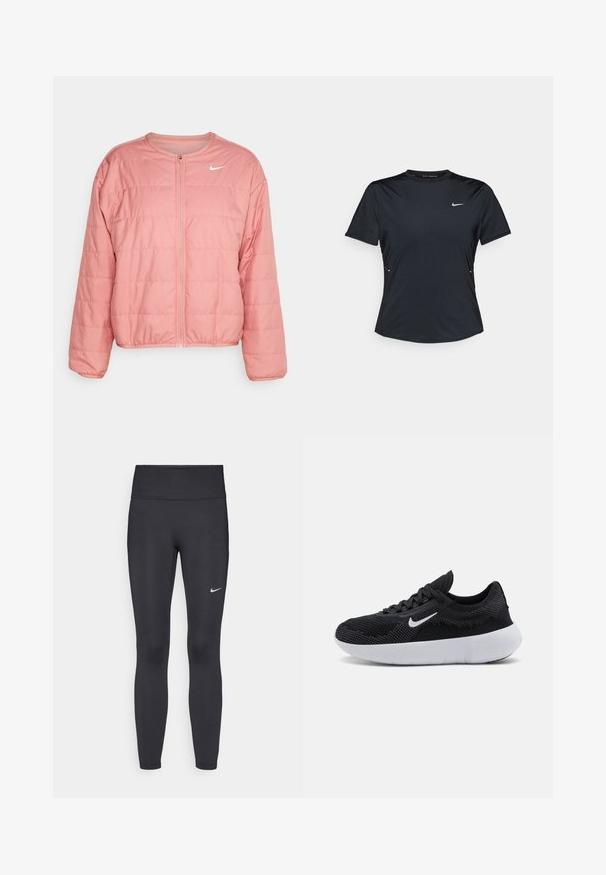 Veste rose rembourrée avec un col rond et une fermeture éclair, dotée de panneaux horizontaux cousus et d'un logo Nike blanc sur la poitrine.; T-shirt sportif à manches courtes noir, fabriqué en tissu léger et évacuant l'humidité. Il présente un col rond et un petit logo Nike blanc sur la poitrine.; Leggings noirs en tissu extensible, dotés d'une taille haute et d'un logo Nike blanc sur la cuisse gauche. Texture lisse, design ajusté.; Chaussure de sport noire avec une tige en mesh, un design texturé, un bout rond, une semelle en caoutchouc blanche et un logo Nike sur le côté.