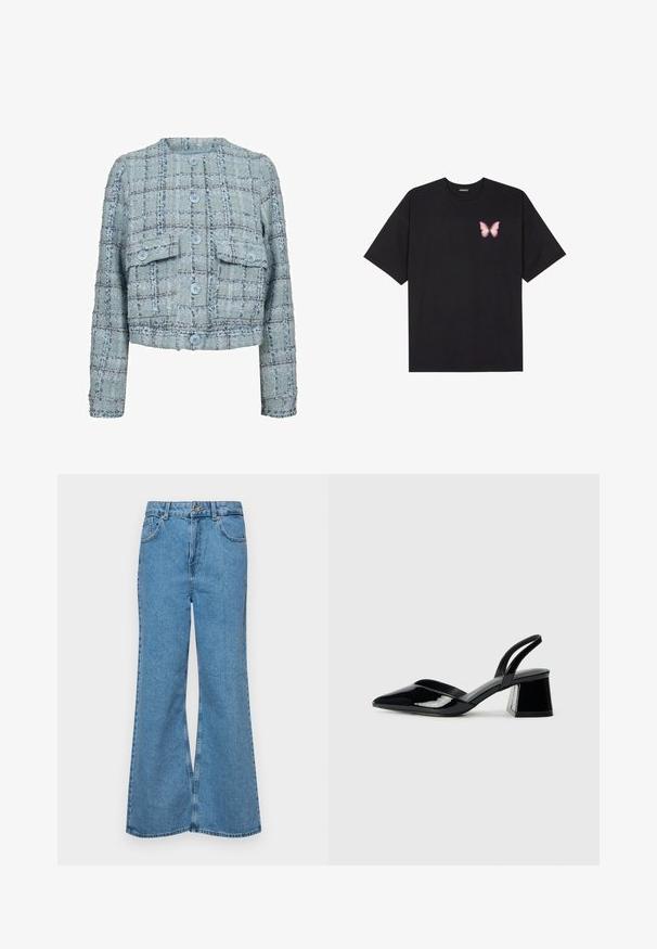 Heledsinine tweed jakk, millel on ruuduline muster, kahe ettepoole asuva tasku, ümar kaelus ja viis nuppu. Lühendatud stiil, tekstuuriga kangas.; Must muströöpidega must puuvillane T-särk, vasakul rinnal on väike roosa liblikas. Ümar kaelus ja vabalt istuv lõige.; Heledad sinine flared teksade rõivad, millel on kõrge talje, viis taskut ja üks nupulukk. Pehme tekstuur ja pleekinud viimistlus.; Mustad musta lakknahk kingad, millel on terav varvas ja geomeetriline plokkkonts. Omab elegantselt minimalistlikku disaini ja sujuvat tekstuuri.