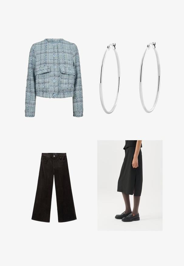 Svetlomodrá tweedová bunda s károvaným vzorom, obsahujúca dve predné vrecká, okrúhly výstrih a päť gombíkov. Skrojena na krátko, textúrovaná látka.; Sivý rebrovaný top bez rukávov s okrúhlym výstrihom. Mäkkučká textúra a priliehavý strih, vhodný na ležérne nosenie alebo vrstvenie.; Čierne kordové nohavice so širokými nohavicami a vysokým pásom, vrchné vrecká a textúrovaná látka, s gombíkovým zapínaním a pútkami na opasok.; Čierna sukňa po kolená so bočným rozparkom, skombinovaná s čiernymi mokasínami a priehľadnými hnedými pančuchami, s hladkým materiálom a jednoduchým dizajnom.; Strieborné kruhové náušnice s hladkým, lesklým povrchom a tenkým, kruhovým tvarom. Dizajn obsahuje bezpečné zapínanie.