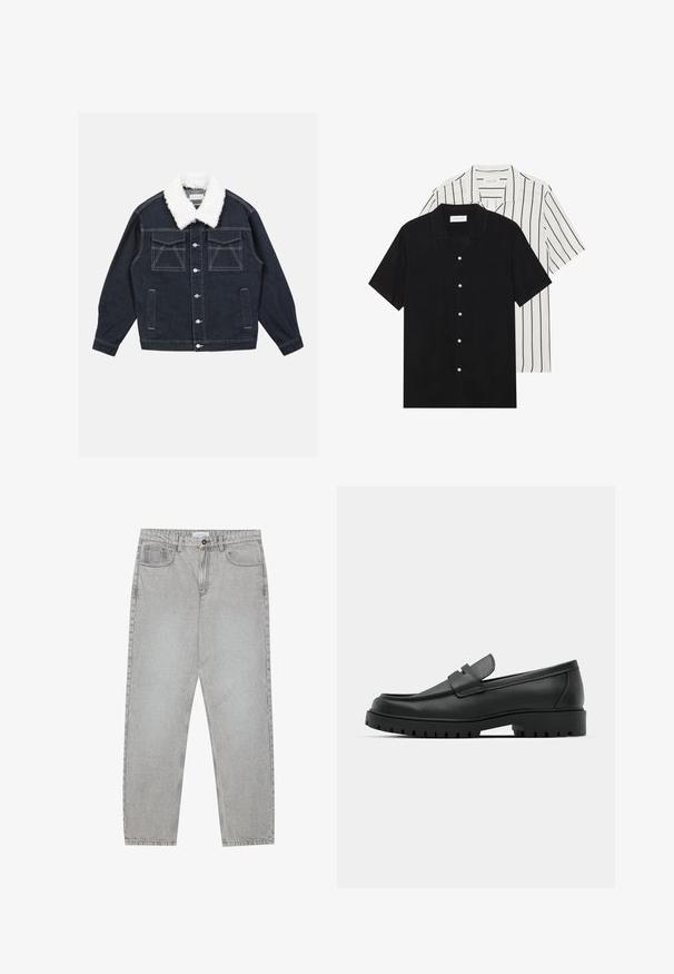 Jeans jakna u tamnoplavoj boji s bijelim krznom od umjetne kože. Ima dva džepa na prsima, srebrne metalne dugmadi i kontrastne šavove.; Dva kratka rukava košulje: jedna potpuno crna, a druga bijela s crnim okomitim prugama. Obje imaju dugmad i klasični ovratnik.; Svijetlosivi traper hlače s ravnim nogavicama, stilom s pet džepova i kopčanjem na gumb. Vidljivo šivenje duž šavova.; Crne kožne mokasine s zaobljenim vrhom, s ušivenim dizajnom, niskom platformom i teksturiranim, gumenim potplatom s izbočinama.