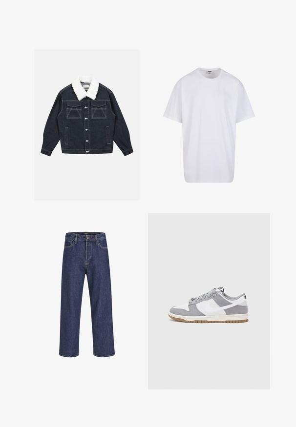 Tummansinisestä farkkutakista, jossa on valkoinen tekoturkistakki. Takissa on kaksi rintataskua, hopeiset napit ja kontrastiväriset ompelu yksityiskohdat.; Valkoinen puuvillainen t-paita, jossa on lyhyet hihat, pyöreä kaula-aukko, rento istuvuus ja ei näkyviä logoja tai kuvioita. Sileä pinta ja minimaalinen muotoilu.; Tummansiniset farkut suoran leikkauksen, viidellä taskulla, metallinappikiinnityksellä ja erottuvan ompeleen kanssa, joissa on hienovarainen tekstuuri.; Harmaa ja valkoinen lenkkari, jossa on mokka- ja nahkapinta, pyöreä kärki, litteät nauhat ja kumipohja, jossa on vaahtomuoviväri.