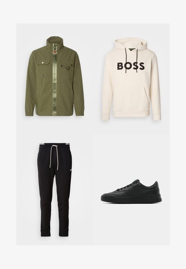 Alyvų žalia striukė su stovinčiu apykakle, priekiniais užtrauktukais, dviem krūtinės kišenėmis ir elastingais rankovėmis. Yra tonalinė centrinė juostelė ir metalinės detalės.; Kreminės spalvos džemperis su juodu "BOSS" tekstu ant krūtinės, juodomis pavadėlėmis ir priekinėmis kengūros kišenėmis.; Juodi siauri džinsai su balta raišteliu, viršutinėje šlaunies dalyje su subtiliu logotipu, ant vienalytės fono.; Juodi sportiniai batai su lygia odine viršutine dalimi, apvaliu pirštu, plokščiomis raišteliais, pagaminta su paminkštinta apykakle ir minimalizmo dizainu. Guma padais su subtilia protektoriaus raštu.