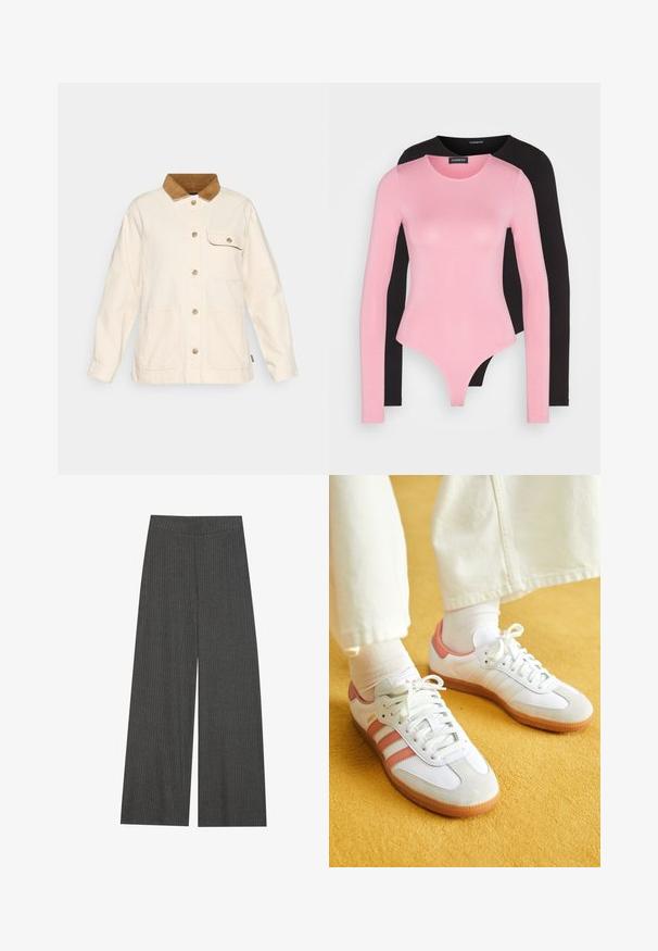 Bež kanvasjakk koos pruuni corduroy kraega, eesnupu sulgemise ja kahe seotud taskuga. Omab lõdva istuvuse ja pikki varrukaid.; Pikad ja mustad pika varrukaga bodysuits. Pehme, veniv kangas ümmarguste kaelustega ja kitsekujuline disain, millel on alumises osas stringi lõige.; Laia püksid tumehallist ribakanga materjalist, millel on kõrge vöökoht ja vertikaalsed triibud tekstuuri ja detailide jaoks.; Valged sportlikud jalanõud roosa aktsendiga, suede ja naha materjalidest, ümmargune varvas ja kummitald, näidatud heledate sokkide kõrval kollasel taustal.