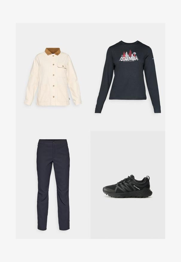 Bež kanvasjakk koos pruuni corduroy kraega, eesnupu sulgemise ja kahe seotud taskuga. Omab lõdva istuvuse ja pikki varrukaid.; Pikend varrukatega tumehall särk, millel on punaste puude ja mägede graafika; "COLUMBIA" logo julge valge tekstiga. Pehme kangas, tavaline ümmargune kaelus.; Tumedat sinised püksid sujuva kangaga, millel on esiääre nuppude sulgemine, kitsas lõige ja volditud detailid põlvede piirkonnas.; Columbia PEAKFREAK - Matkajalatsid - black