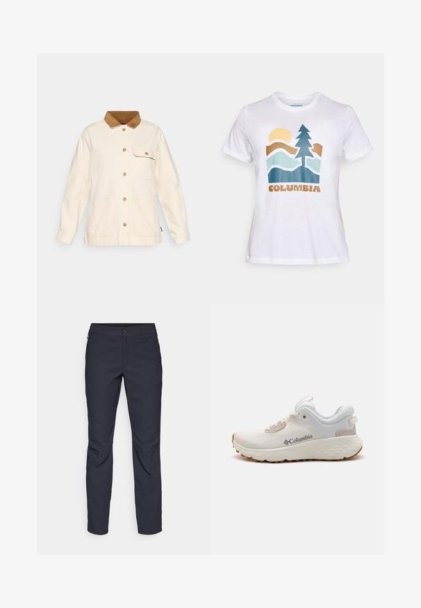 Casaco de tela bege com colarinho de veludo cotelê castanho, fecho frontal por botões e dois bolsos de remendo. Apresenta um corte descontraído e mangas longas.; T-shirt branca de manga curta com uma graphic de um sol, árvore, montanhas e a palavra "Columbia" em letras castanhas na parte da frente.; Calças azul-marinho feitas de tecido liso, com fecho frontal em botão, design slim-fit e detalhes pregueados nos joelhos.; Sapatilha atlética leve da Columbia em malha branca com uma sola cinza texturizada e tração em borracha. Apresenta um colarinho acolchoado e um design com atacadores.