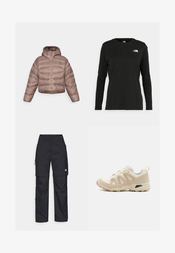 Afskåret, hættetrøje pufferjakke i lys brun med et quiltet design. Har en frontlynlås og en glat, blank stofoverflade.; Sort langærmet t-shirt lavet af bomuld med rund hals. Har et lille hvidt logo på venstre brystområde. Enkel design og pasform.; Sorte nylon cargo bukser med lynlås, justerbare manchetter, flere lommer og et logo på højre ben. Glat, let tekstur.; Beige og creme atletiksko med struktureret mesh-overdel, støttende overlays og gummiyderside med et mønster for trækkraft.