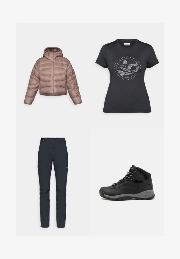 Lyhyeksi leikattu, hupullinen pehmeä takki vaaleanruskeana, jossa on tikattu kuvio. Varustettu edessä vetoketjulla ja sileällä, kiiltävällä kangaspinnalla.; Musta Columbia T-paita, jossa on valkoinen ympyrämuotoinen vuori- ja joki-viivataide sekä teksti "Columbia Sportswear Company Ulkona vuodesta 1938."; Miestne vonkajšie nohavice, tmavo šedé, vyrobené z flexibilného materiálu, s opaskom, zipsovými vreckami a zosilneným šitím.; Musta vaelluskenkä, jossa on puolivartinen muotoilu, jolle on ominaista teksturoitu päällinen, harmaat yksityiskohdat ja kestävä kumipohja, jossa on pitoita lisääviä lukuja.