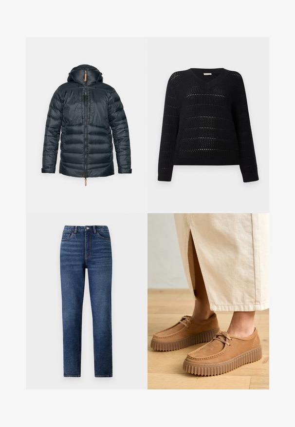 Dunkelblaues Puffermantel mit Kapuze, ausgestattet mit einem durchgehenden Reißverschluss, elastischen Bündchen und einer strukturierten Oberfläche. Lederakzent am Hals mit Kordelzügen.; TOM TAILOR DENIM V NECK - Strickpullover - deep black; Hochtaillierte blaue Denim-Jeans mit geradem Bein, versehen mit dezenten Tragefalten, einem Knopfverschluss und einem Fünf-Taschen-Design.; Hellelederschuhe mit einer strukturierten Oberfläche, runder Zehenform und dicken, geriffelten Sohlen. Die Schnürsenkel und die Nähte heben das Design hervor.