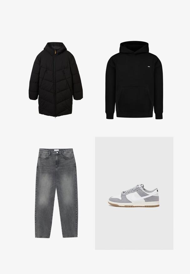 Czarna kurtka puchowa z kapturem, z zapięciem na zamek, bocznymi kieszeniami i diamentowym wzorem pikowania. Wykonana z lekkiego, odpornego na warunki atmosferyczne materiału.; Czarna bluza z kapturem wykonana z mieszanki bawełny, z kangurzą kieszenią, prążkowanymi mankietami i małym logo na klatce piersiowej.; Jeansy z wysokim stanem, luźne, w wyblakłym czarnym deninie. Posiadają pięć kieszeni, szlufki na pasek oraz prosty, klasyczny krój nogawek.; Szare i białe trampki z zamszową i skórzaną cholewą, okrągłym noskiem, płaskimi sznurówkami i gumową podeszwą z akcentem w kolorze gumy.