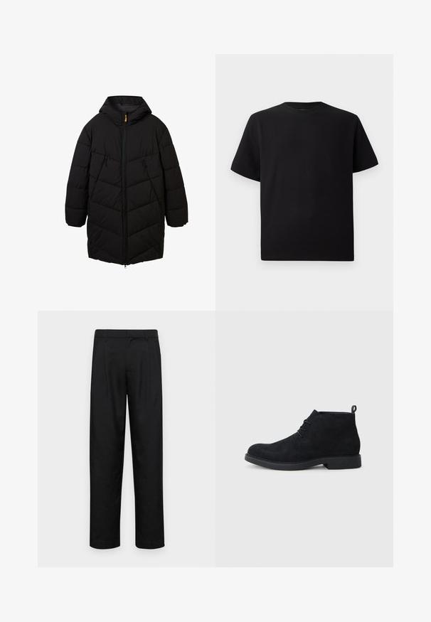 Schwarze Daunenjacke mit Kapuze, mit einem Reißverschluss, seitlichen Taschen und einem rhombusförmigen Steppmuster. Hergestellt aus einem leichten, wetterbeständigen Material.; Schwarzes Kurzarm-T-Shirt aus strukturiertem Stoff, mit einem Rundhalsausschnitt und einer lockeren Passform. Einfach, ohne Muster oder Akzente.; Schwarze Hose aus glattem Stoff, mit geradem Bein Design, zwei vorderen Falten und einem Standardbund mit Gürtelschlaufen.; Schwarze Wildleder-Ankle-Boots mit runder Zehenform, Schnürdesign und einer strukturierten Gummisohle. Verfügt über eine kleine Schlaufe an der Rückseite.