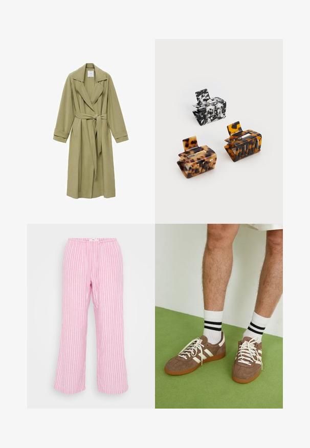 Olijfgroene trenchcoat met een ingesneden kraag, strikceintuur en lange mouwen. Heeft een gladde textuur en twee zijzakken.; Lichtgrijze korte cardigan met een ronde halslijn, knoopsluiting en ribgebreide details op de mouwen en de zoom. Zachte gebreide textuur.; Witte mouwloze ribbel tanktop met een ronde halslijn, gecombineerd met grijze high-waisted jeans met zakken en een knoopsluiting.; Roze gestreepte broek met een elastische tailleband, lichtgewicht stof, ontspannen pasvorm en een gladde textuur. Verticale strepen in het wit.; Bruine suède sneakers met witte accenten en veters. Rubberen gumzool. Draag met witte sokken met zwarte strepen. Groene gestructureerde vloer.; Drie haarspelden: één gemarmerd in zwart en wit, twee tortoise-shell in bruine en zwarte tinten, allemaal gemaakt van glanzend plastic met een gewelfde afwerking.