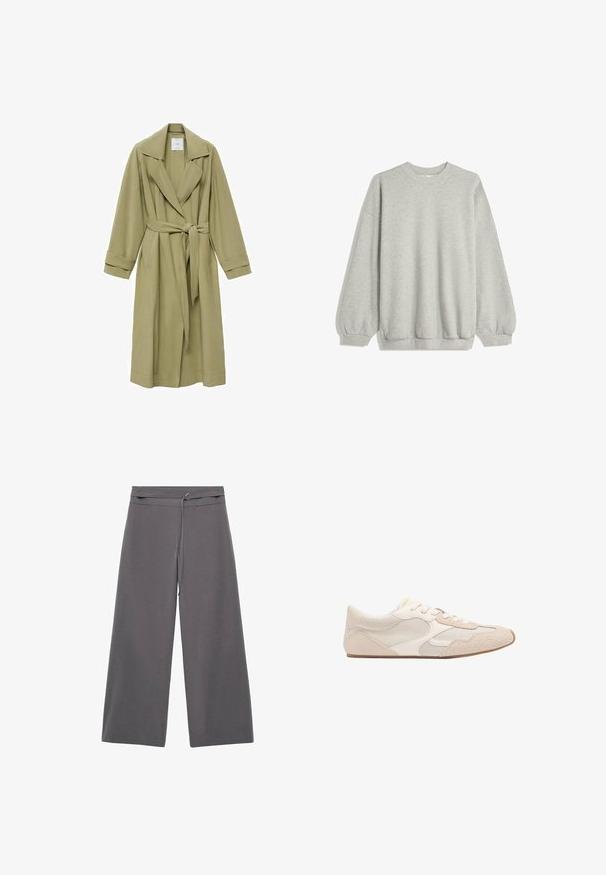 Trench coat verde oliva con colletto a revers, cintura regolabile e maniche lunghe. Presenta una texture liscia e due tasche frontali.; Felpa grigia realizzata in morbido tessuto, caratterizzata da un collo tondo, maniche lunghe con polsini elastici e una vestibilità rilassata. Senza motivi né decorazioni.; Pantaloni a gamba larga in tessuto grigio scuro con una texture liscia, dotati di vita con cintura e un design minimalista.; Scarpa atletica beige con una combinazione di materiali in mesh e suede, punta arrotondata e lacci. Gli accenti testurizzati sulla parte superiore migliorano la presa.