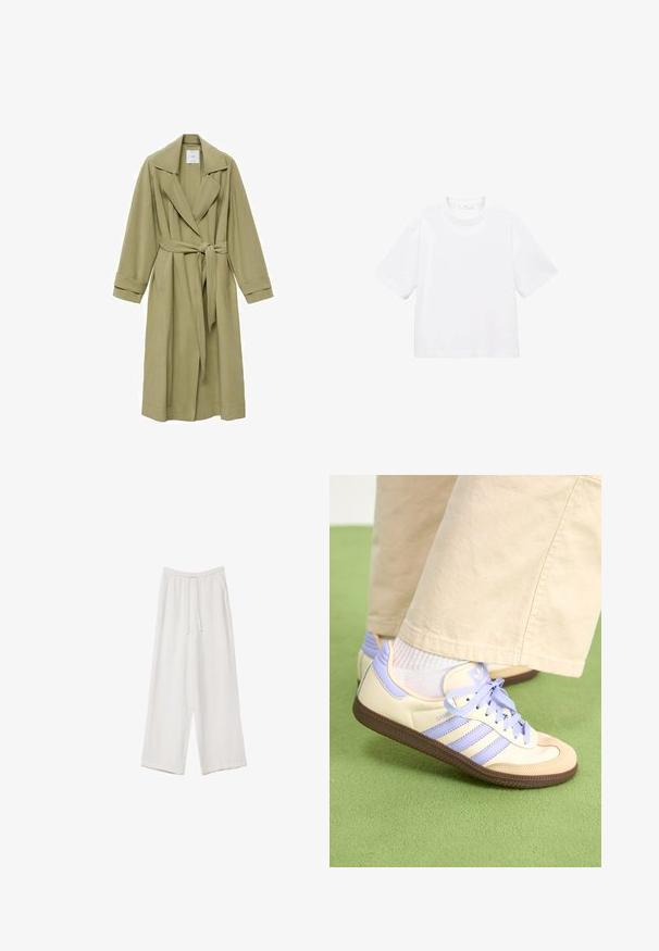 Olijfgroene trenchcoat met een ingesneden kraag, strikceintuur en lange mouwen. Heeft een gladde textuur en twee zijzakken.; Witte katoenen t-shirt met korte mouwen en een ronde hals. Eenvoudig ontwerp, losse pasvorm, gladde textuur. Geen patronen of accenten zichtbaar.; Witte wijde broek gemaakt van een lichte stof. Voorzien van een elastische tailleband met een trekkoord en zijzakken. Zachte textuur.; Crème- en lavendel-sneakers met drie strepen en een gestructureerde bruine zool, voorzien van veters en een gewatteerde hiel. Zachte stoffen bovenkant.