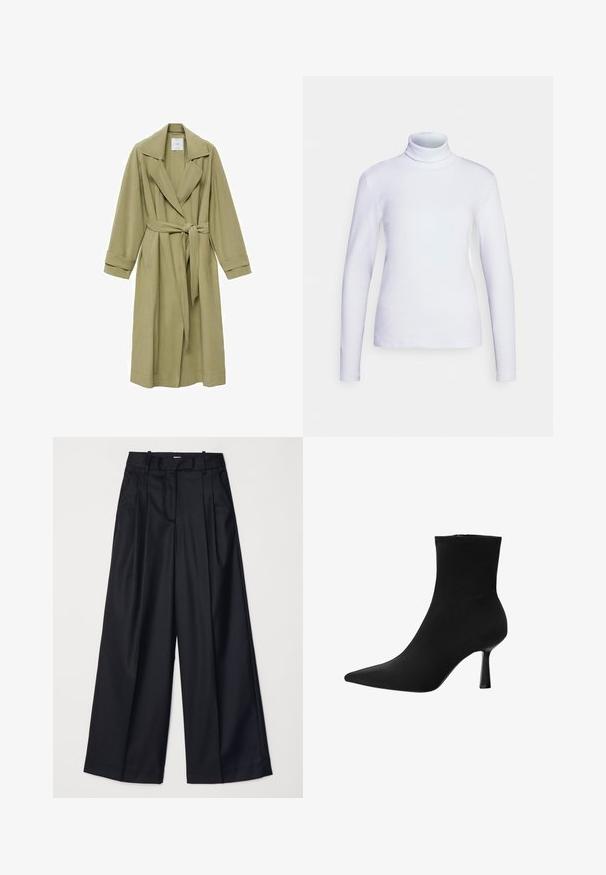 Olivegrøn trenchcoat med klapkrave, bælte i taljen og lange ærmer. Har en glat overflade og to frontlommer.; Hvid turtleneck langærmet top, lavet af glat stof. Tæt design med minimale sømme, med høj krave og lige kant.; Sorte breddebenede bukser lavet af glat stof, med høj talje, læg og skræddersyet design. Enkel sort hardware i talje.; Sort ankelstøvle lavet af glat stof, med spids tå og slank stilettohæl, i et sømløst design uden synligt hardware.