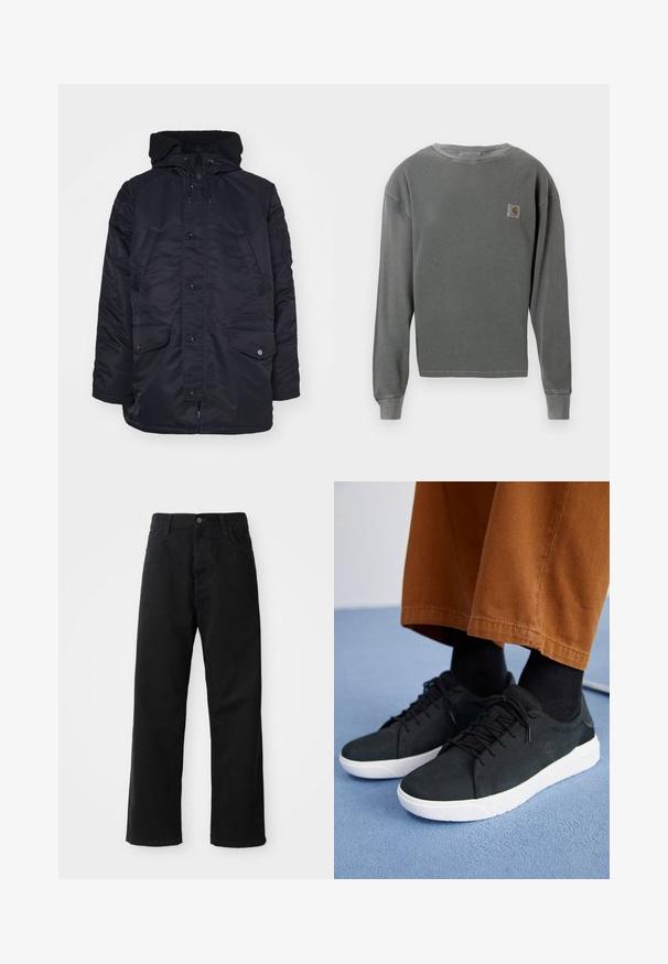 Melnā jaka ar polsterējumu, augstu apkakli, rāvējslēdzēju un pogām. Satur divas priekšējās kabatas un ir oderēta ar mīkstu tekstūru.; Pelēks garās piedurknes kruzēns ar ribotu tekstūru, ar mazu kvadrātveida logotipa uzšuvumu kreisajā krūtī un ribotām aprocēm.; Melnas džinsu bikses ar taisnu griezumu, ar priekšējiem kabatām, rāvējslēdzēju un vienu augšējo pogu. Tekstūrēta auduma matēta virsma.; Melnas zamšādas kedas ar baltām gumijas zolēm, ar saistāmām auklām, tekstūrētām detaļām un diskrētu zīmolu, apvienotas ar brūniem biksēm.