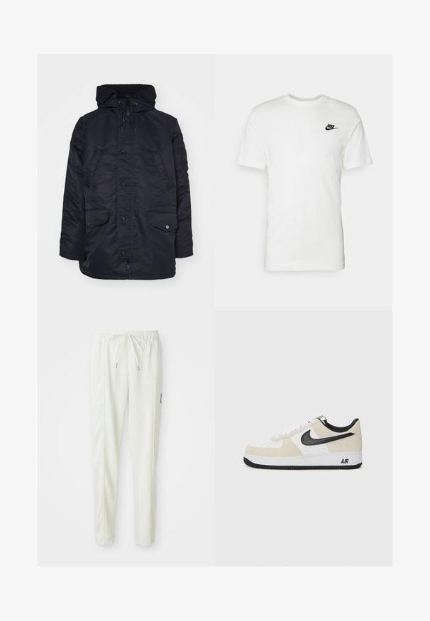 Fekete párnázott dzseki magas gallérral, cipzáras zárással és patentgombokkal. Két elülső zsebbel rendelkezik és puha béléssel készült.; Fehér pamut póló rövid ujjal, kerek nyakkivágással, és egy fekete Nike logóval a bal mellkas területén. Simás textúra és klasszikus fazon.; Fehér, slim fit szabású sportnadrág, elasztikus derékkal és húzózsinórral, oldalsó varrás részletekkel és egy kis fekete folttal a jobb lábon.; Világos bézs suede és fehér bőr felsőrésszel rendelkező sportcipők, fekete Nike logo, fekete részletek és fehér gumitalp, amelyen "AIR" felirat található.