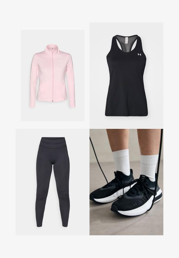 Helle rosa Zip-Jacke aus einem glatten, elastischen Material. Mit Stehkragen, langen Ärmeln und einem kleinen Logo auf der Brust.; Schwarz sportliches Tanktop aus strukturiertem Material, mit Racerback-Design und dezentem Logo-Detail auf der Brust. Leicht und atmungsaktiv.; Schwarze Leggings mit einem hohen, elastischen Bund, der den Schriftzug "UNDER ARMOUR" trägt. Glatte Textur mit subtilen Musterakzenten entlang der Beine.; Schwarze Sportschuhe aus strukturiertem Stoff, mit weißer Sohle und schwarzen Schnürsenkeln. Tragen mit weißen gerippten Socken, stehen auf einer hellen Fläche.