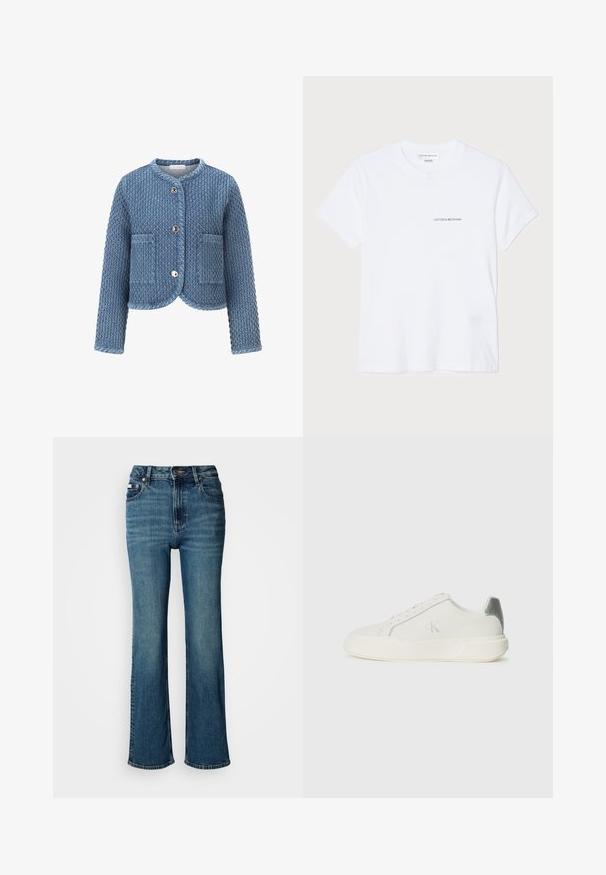 Blå vadderad jacka med rund krage, framknäppning med tryckknappar, två fickor i patch-stil och strukturerat diamantmönster. Mjuk tygkvalitet och kort skärning.; Vit t-shirt i bomull med korta ärmar, rund halsringning och en liten svart "VICTORIA BECKHAM"-logotyp på bröstet. Minimalistisk design.; Högmidjade blå jeans i denim, med raka ben, subtil blekning och standardknapp- samt dragkedjestängning.; Vita sneaker i läder med en slät textur, med en silverdetalj på hälen, platt sula och minimalistisk design.