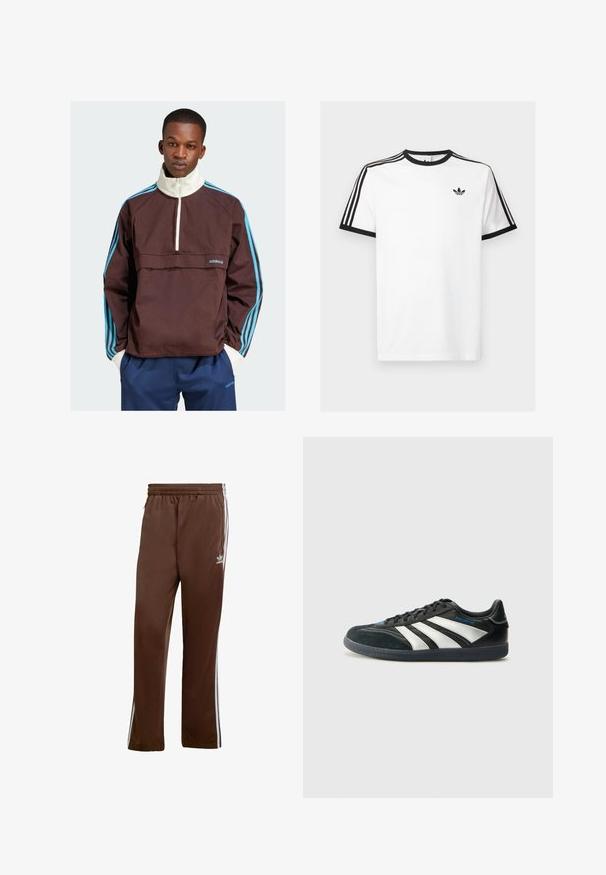 Brun kvart-glidelås genserjakke med hvit krage og blå striper på ermene. Har et Adidas-logo på forsiden og en lomme.; Hvit bomulls T-skjorte med svart ribbestrikket halslinning og ermer, med tre svarte striper på hver skulder og en liten logo på brystet.; Brune treningsbukser laget av glatt stoff, med hvite sidelister og elastisk liv. Inkluderer lommer på begge sider.; adidas Performance PREDATOR FREESTYLE JUDE INDOOR FOOTBALL SHOES - Innendørsfotballsko - core black/silver-coloured/glory blue